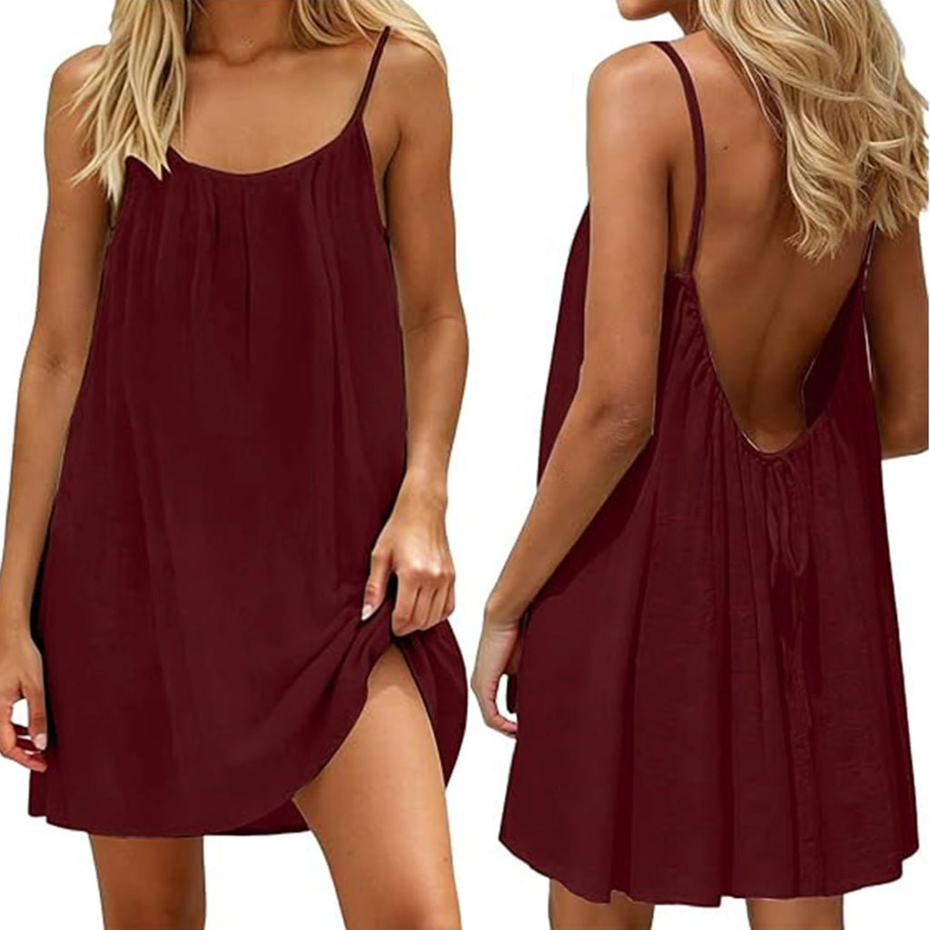 Women Summer Dress Linen Beach Dress Backless Drawstring Comfortable Midi Dress with Spaghetti Straps for Living Room Holiday and Leisure