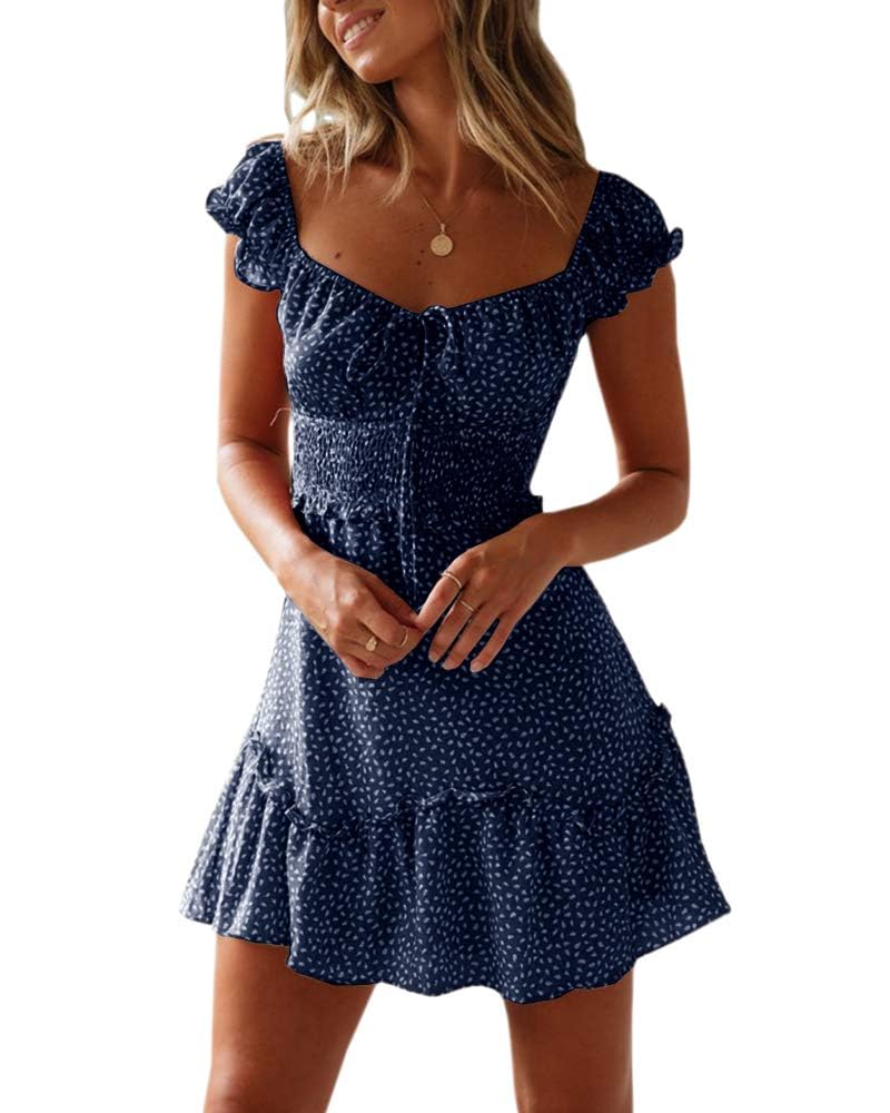 Imily Bela Women Summer Ruffle Dress Elegant A-line Beach Dress High Waist Mini Dress with Drawstring