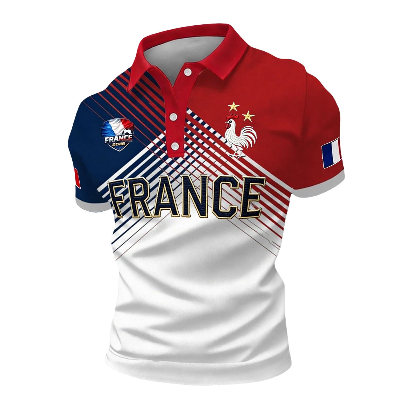 Men's France 2026 football supporter t-shirt streetwear, navy blue, white, red, front view. Image 74/94.