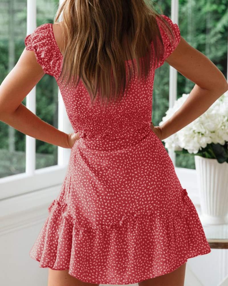 Imily Bela Women Summer Ruffle Dress Elegant A-line Beach Dress High Waist Mini Dress with Drawstring
