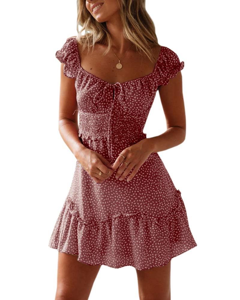 Imily Bela Women Summer Ruffle Dress Elegant A-line Beach Dress High Waist Mini Dress with Drawstring