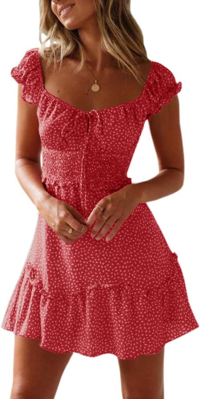 Imily Bela Women Summer Ruffle Dress Elegant A-line Beach Dress High Waist Mini Dress with Drawstring