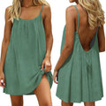 Women Summer Dress Linen Beach Dress Backless Drawstring Comfortable Midi Dress with Spaghetti Straps for Living Room Holiday and Leisure