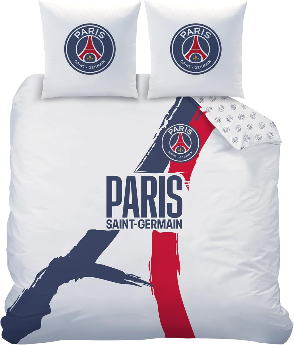 OMYDREAM PSG Tour Children's Bedding Set for Double | Children's Bedroom | 100% Cotton | Oeko-TEX | Duvet Cover + Pillowcase (s) cm | Reversible Print (White, 240 x 220 + 2 x 63 x 63 cm)