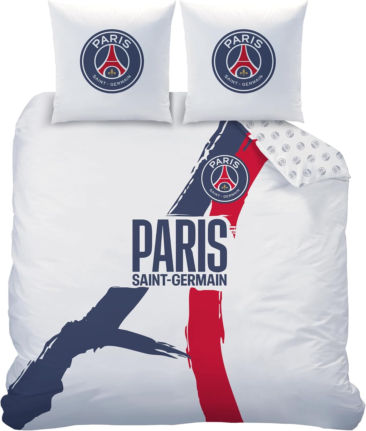 OMYDREAM PSG Tour Children's Bedding Set for Double | Children's Bedroom | 100% Cotton | Oeko-TEX | Duvet Cover + Pillowcase (s) cm | Reversible Print (White, 240 x 220 + 2 x 63 x 63 cm)