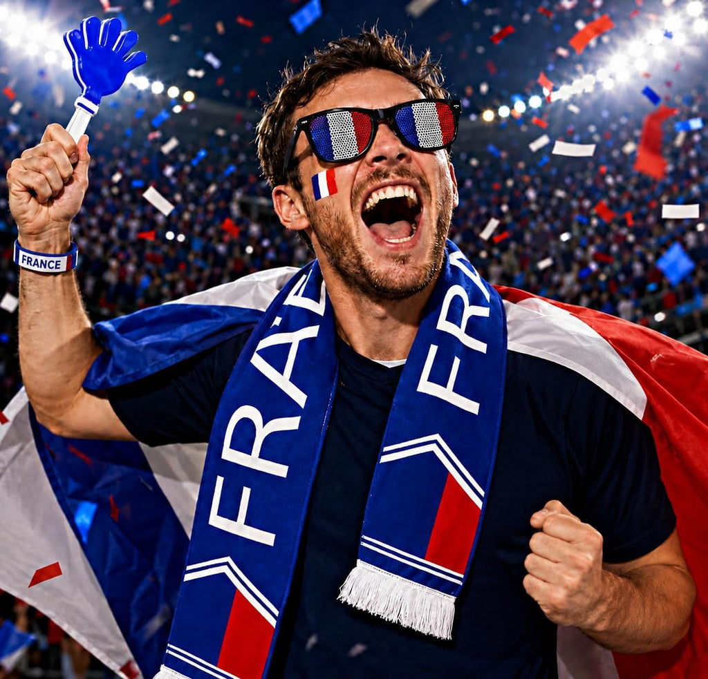 France Tricolour Supporter Kit – Set of Accessories Blue White Red with Flag 90 x 150 cm, Scarf, Fun Glasses – Complete Set for Sports Parties, Matches and Football Events 2026