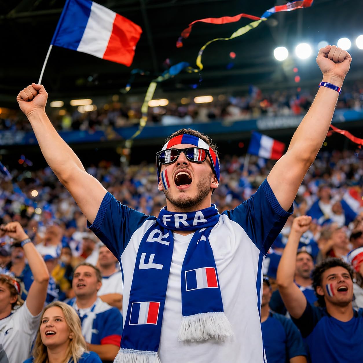 5-Piece France Flag Stand Kit, France Flag Scarf Bracelet Glasses Make-up Headband, Accessories Fan World Cup 2026, France Football Team Jersey, Supporter Kit for Stadium Party