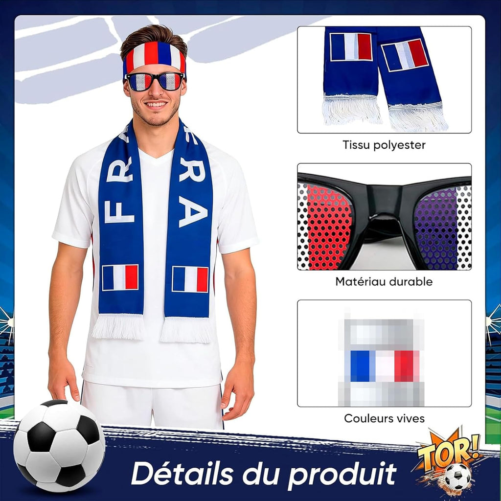 5-Piece France Flag Stand Kit, France Flag Scarf Bracelet Glasses Make-up Headband, Accessories Fan World Cup 2026, France Football Team Jersey, Supporter Kit for Stadium Party