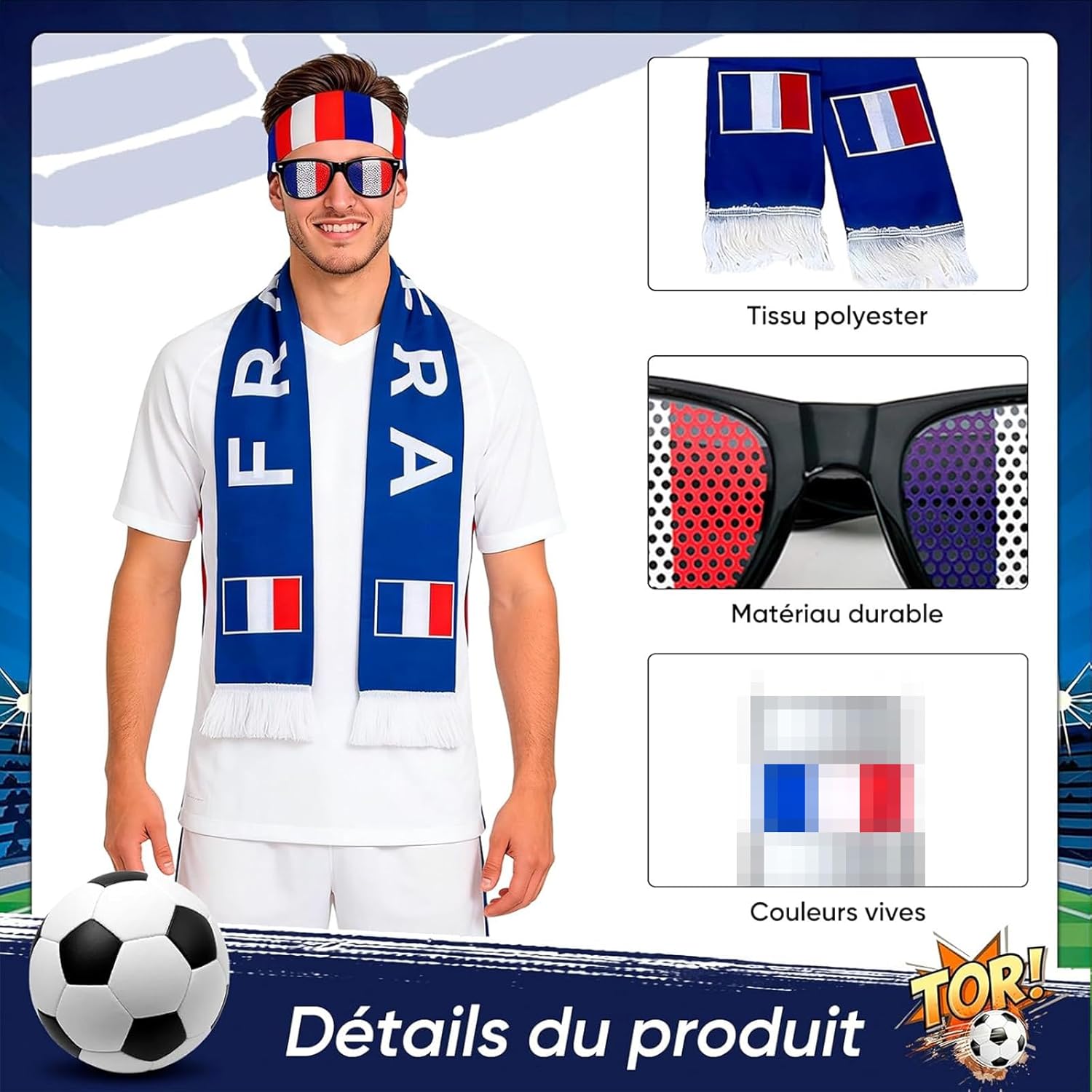 5-Piece France Flag Stand Kit, France Flag Scarf Bracelet Glasses Make-up Headband, Accessories Fan World Cup 2026, France Football Team Jersey, Supporter Kit for Stadium Party