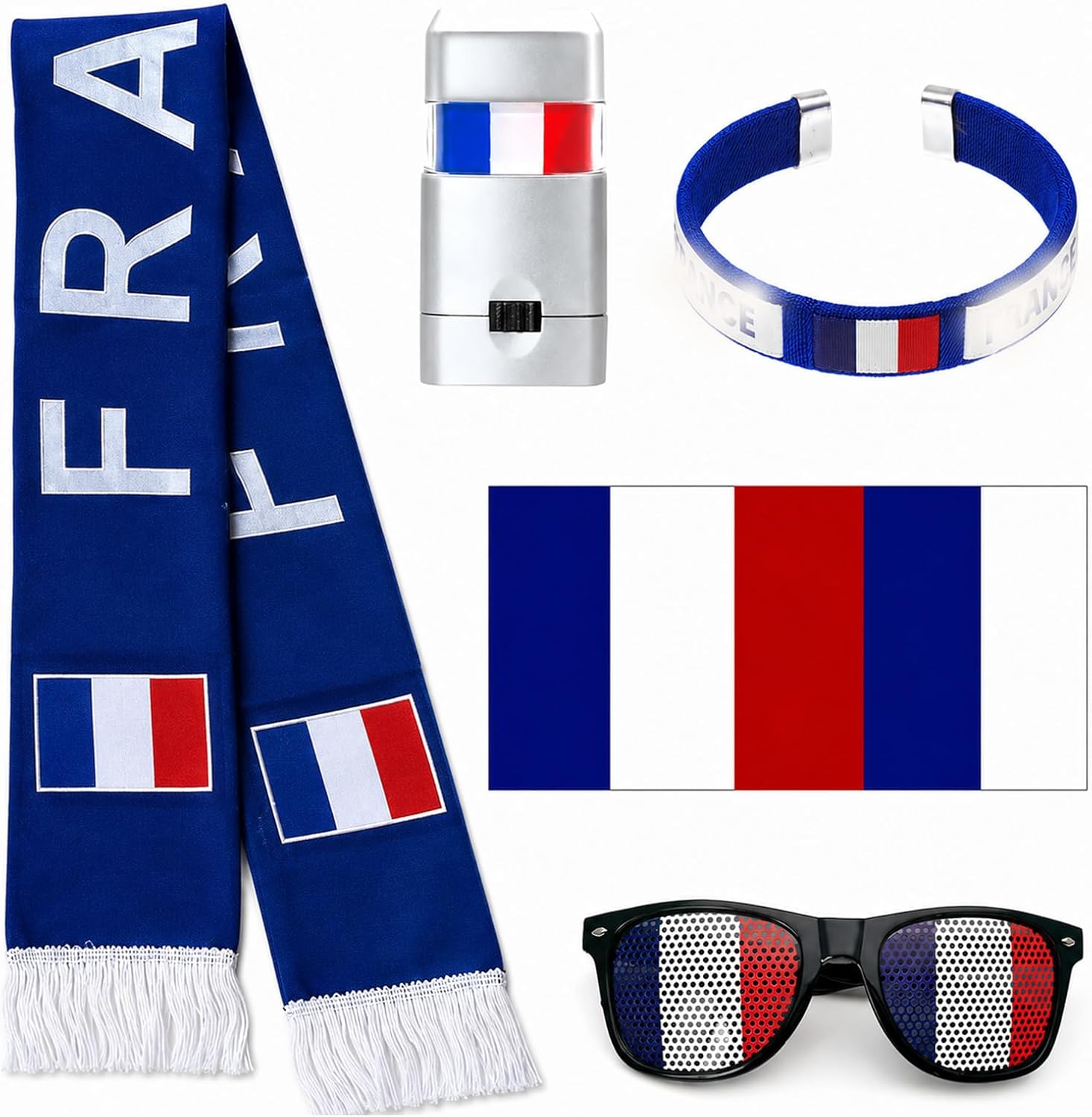 5-Piece France Flag Stand Kit, France Flag Scarf Bracelet Glasses Make-up Headband, Accessories Fan World Cup 2026, France Football Team Jersey, Supporter Kit for Stadium Party