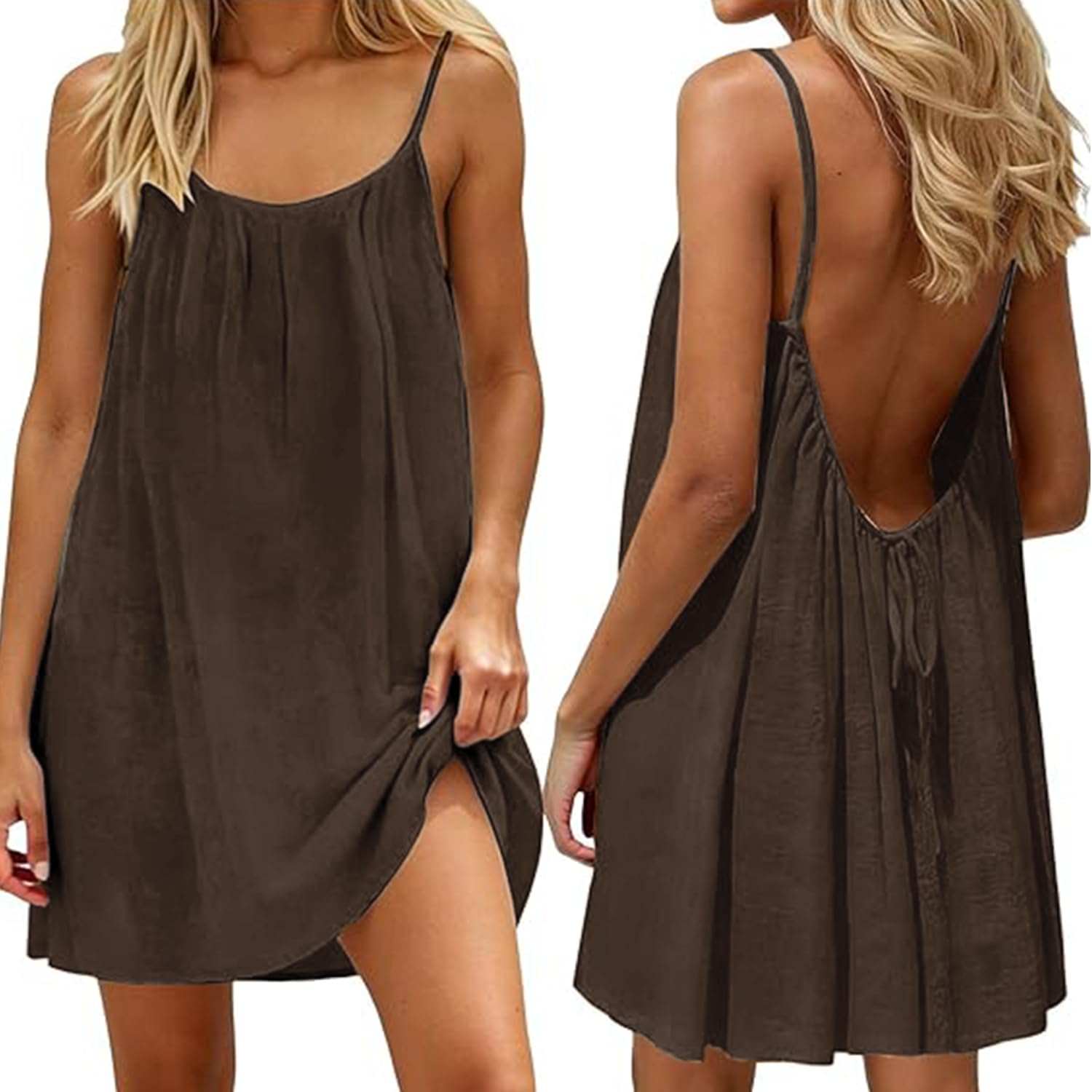 Women Summer Dress Linen Beach Dress Backless Drawstring Comfortable Midi Dress with Spaghetti Straps for Living Room Holiday and Leisure