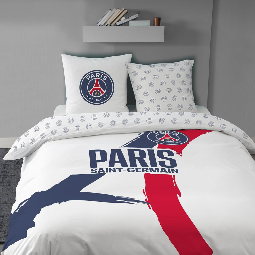 OMYDREAM PSG Tour Children's Bedding Set for Double | Children's Bedroom | 100% Cotton | Oeko-TEX | Duvet Cover + Pillowcase (s) cm | Reversible Print (White, 240 x 220 + 2 x 63 x 63 cm)
