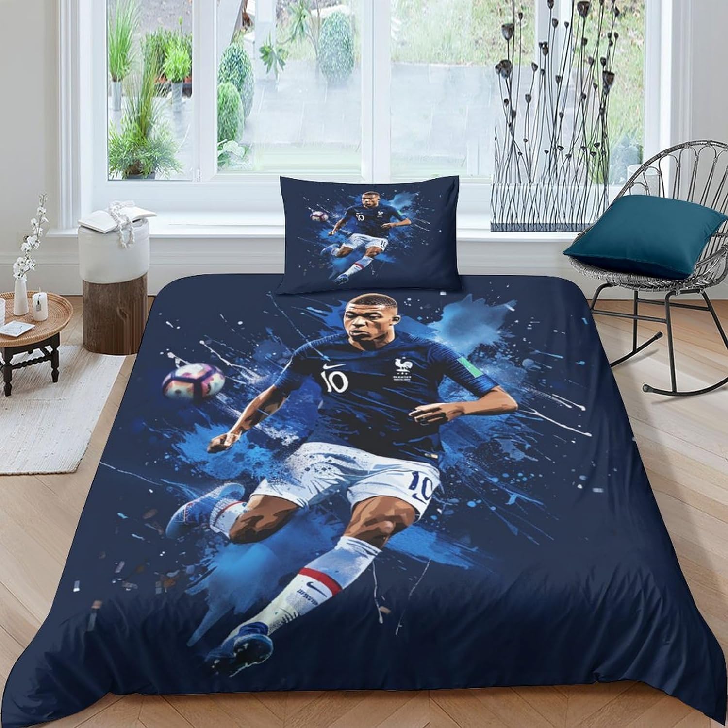 Kylian Mbappe 3D Duvet Cover Set, Microfibre 2-Piece Bedding Set with Zip, Duvet Cover and Pillowcases Single (135 x 200 cm)