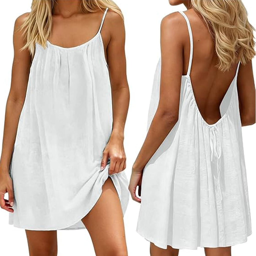 Women Summer Dress Linen Beach Dress Backless Drawstring Comfortable Midi Dress with Spaghetti Straps for Living Room Holiday and Leisure