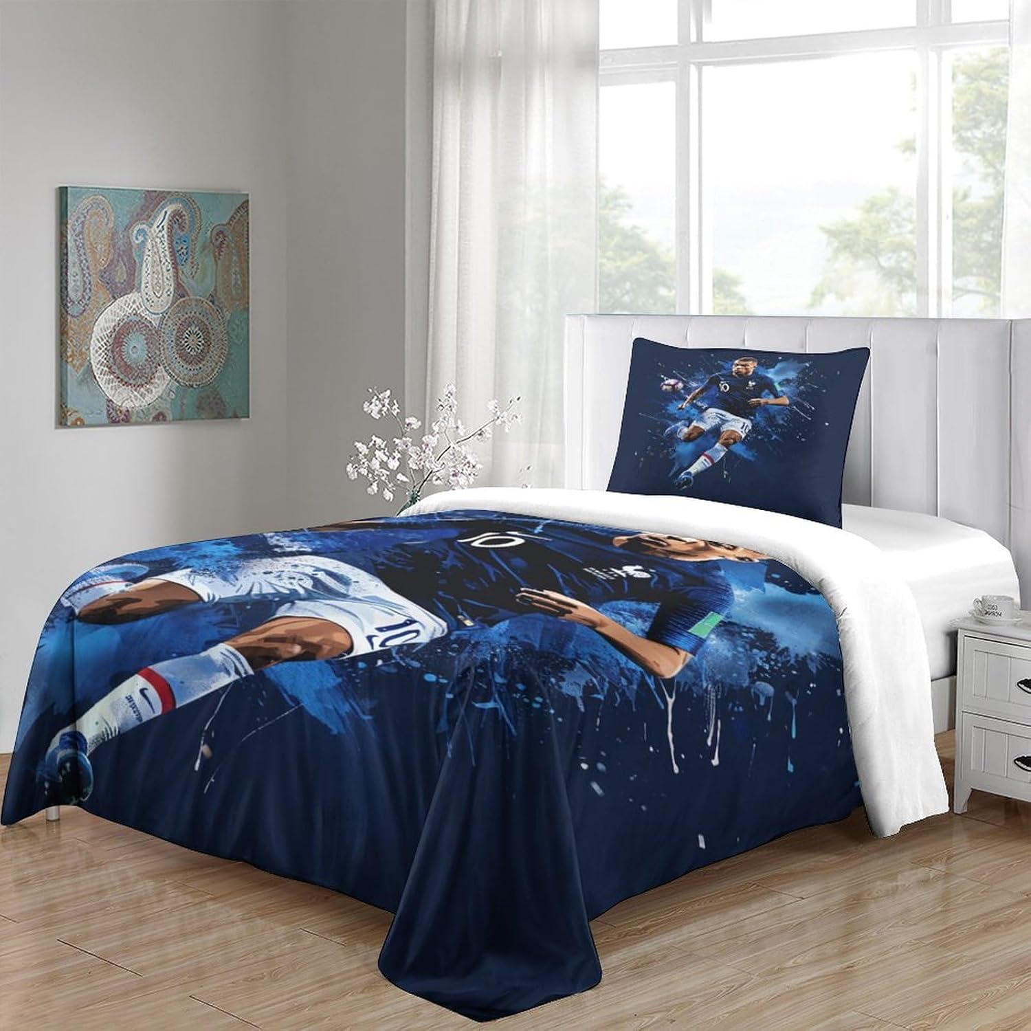 Kylian Mbappe 3D Duvet Cover Set, Microfibre 2-Piece Bedding Set with Zip, Duvet Cover and Pillowcases Single (135 x 200 cm)