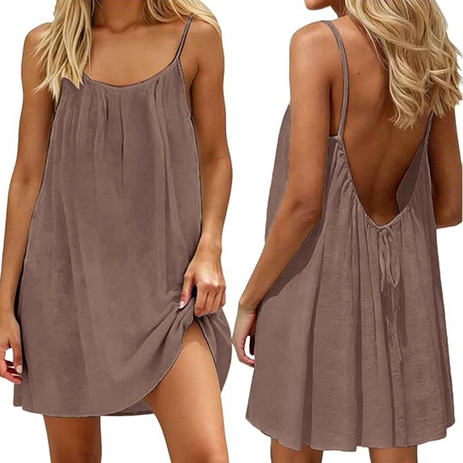Women Summer Dress Linen Beach Dress Backless Drawstring Comfortable Midi Dress with Spaghetti Straps for Living Room Holiday and Leisure