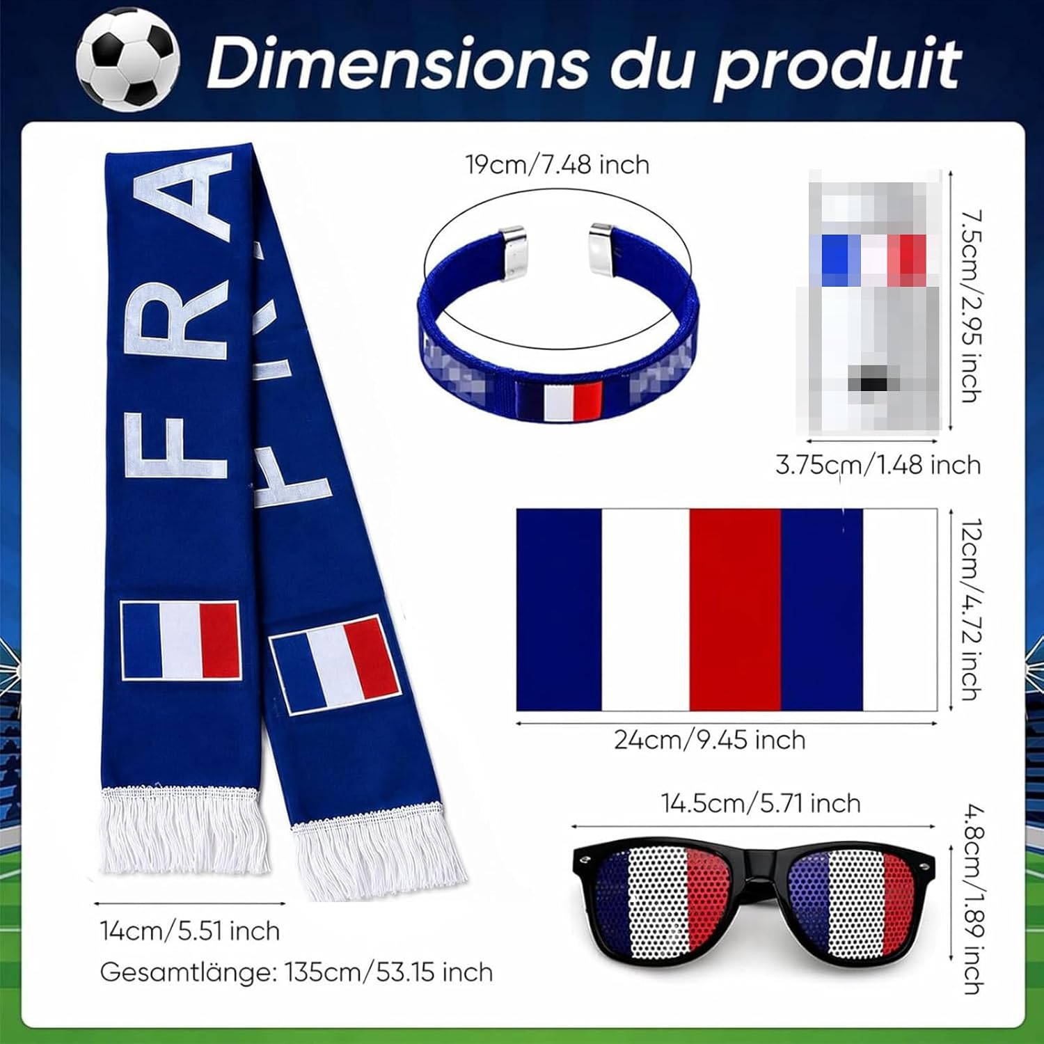 5-Piece France Flag Stand Kit, France Flag Scarf Bracelet Glasses Make-up Headband, Accessories Fan World Cup 2026, France Football Team Jersey, Supporter Kit for Stadium Party