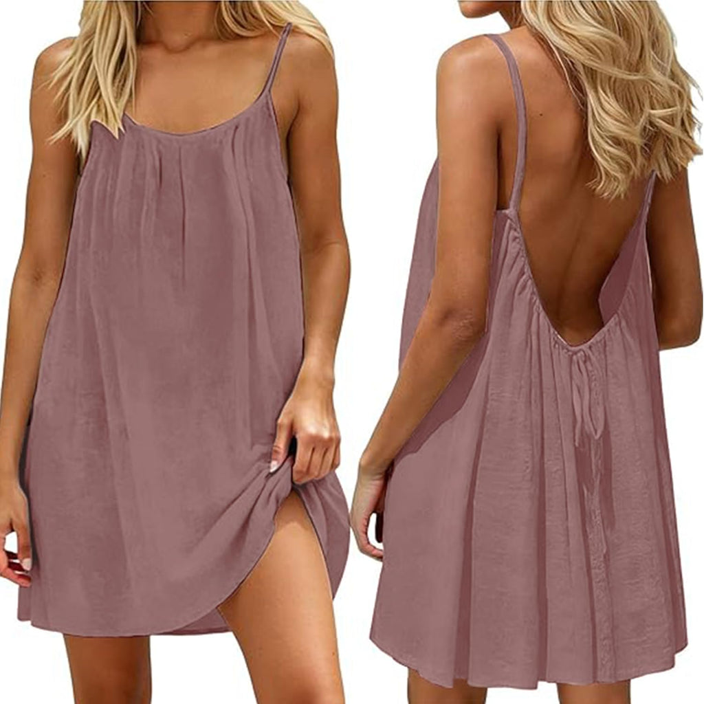Women Summer Dress Linen Beach Dress Backless Drawstring Comfortable Midi Dress with Spaghetti Straps for Living Room Holiday and Leisure
