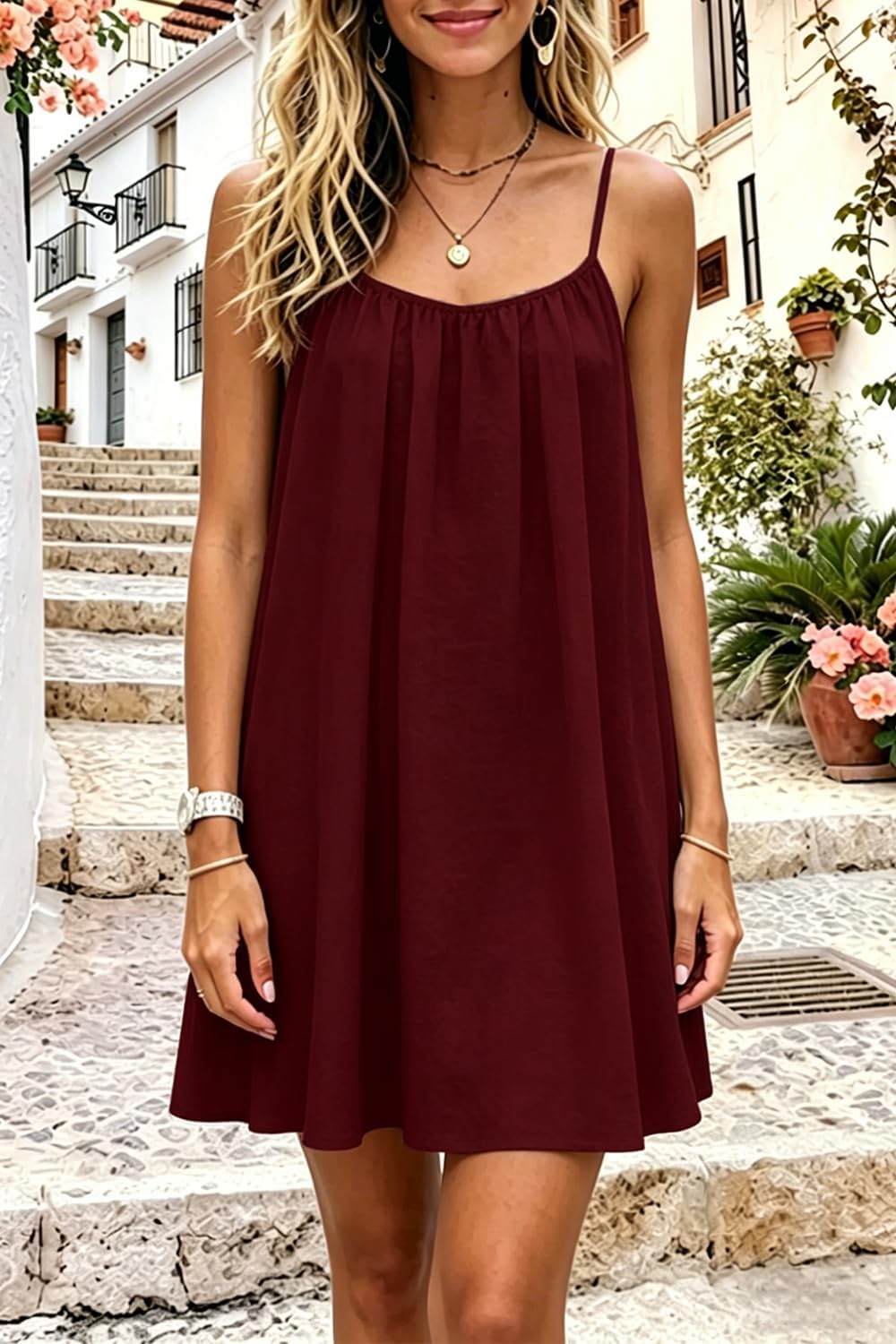Women Summer Dress Linen Beach Dress Backless Drawstring Comfortable Midi Dress with Spaghetti Straps for Living Room Holiday and Leisure