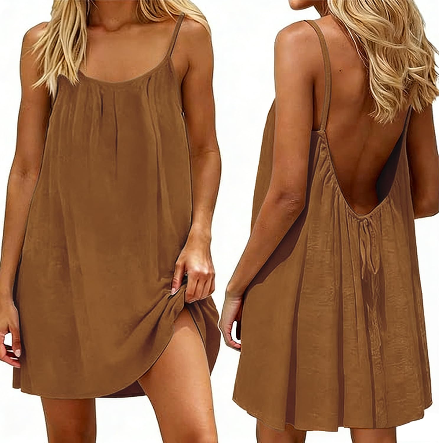 Women Summer Dress Linen Beach Dress Backless Drawstring Comfortable Midi Dress with Spaghetti Straps for Living Room Holiday and Leisure