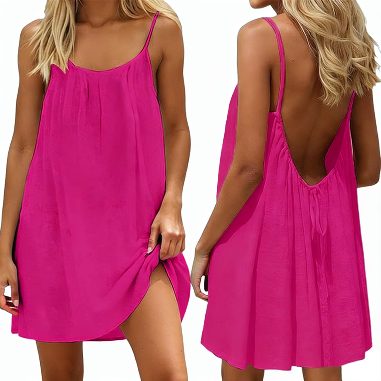 Women Summer Dress Linen Beach Dress Backless Drawstring Comfortable Midi Dress with Spaghetti Straps for Living Room Holiday and Leisure