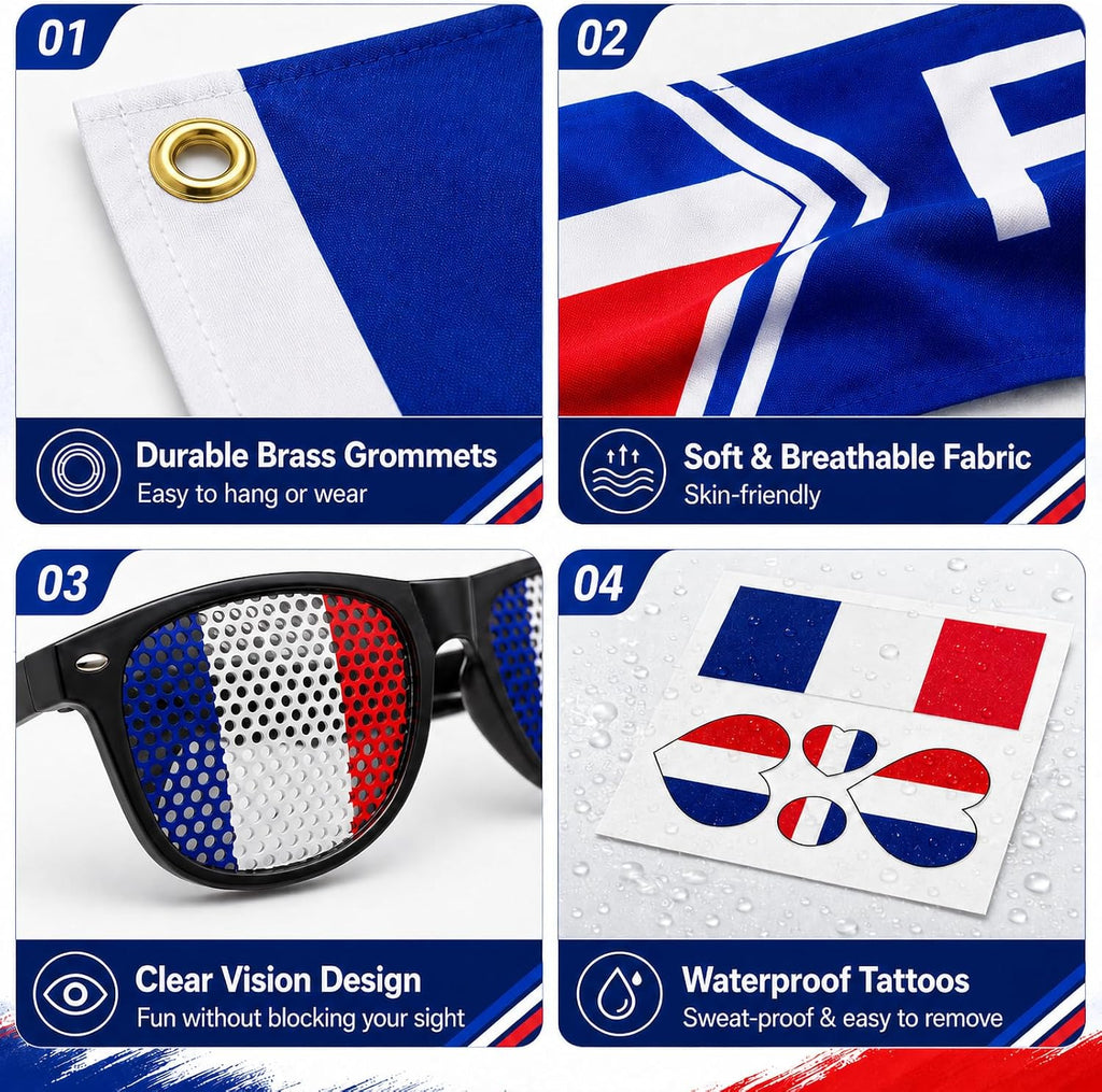 France Tricolour Supporter Kit – Set of Accessories Blue White Red with Flag 90 x 150 cm, Scarf, Fun Glasses – Complete Set for Sports Parties, Matches and Football Events 2026