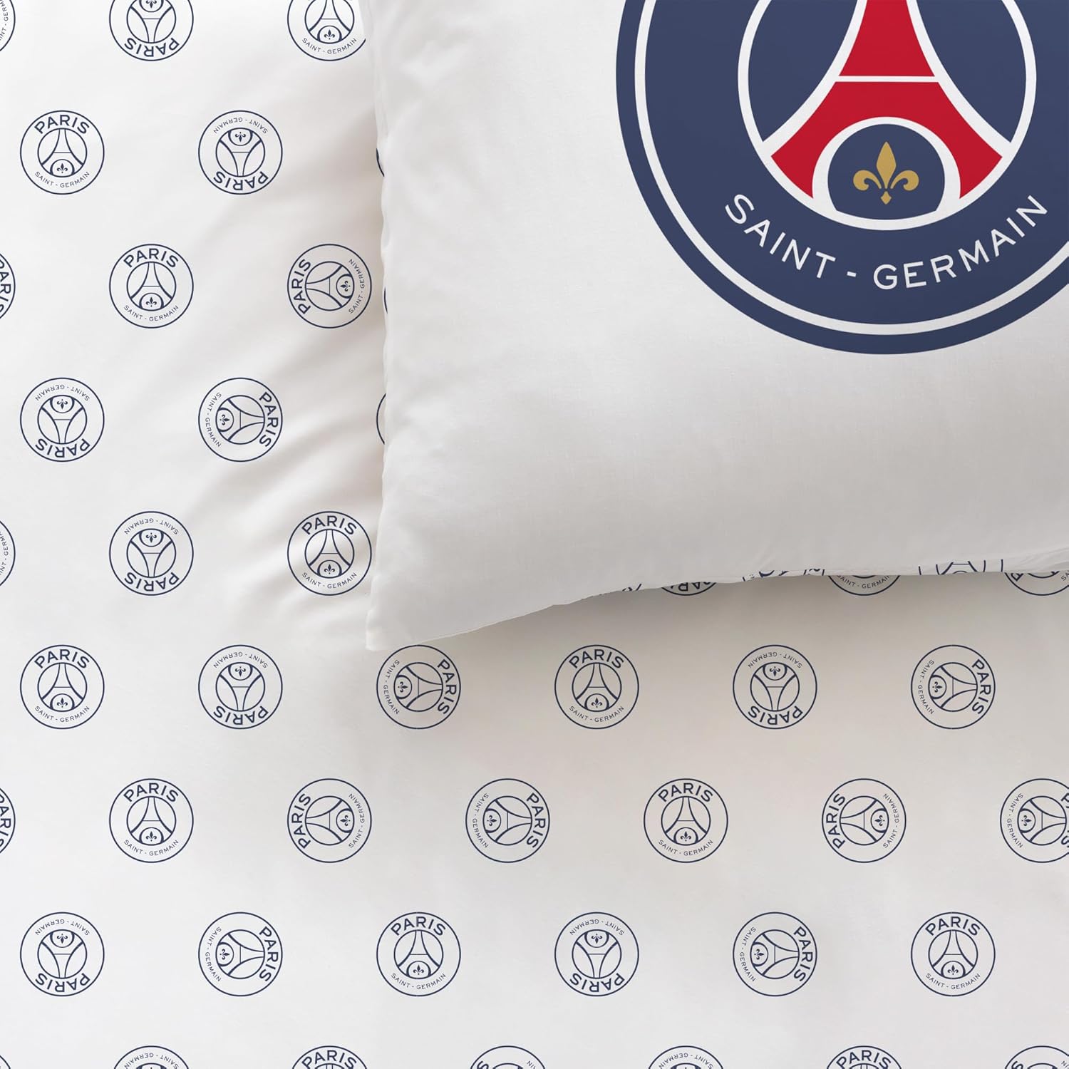 OMYDREAM PSG Tour Children's Bedding Set for Double | Children's Bedroom | 100% Cotton | Oeko-TEX | Duvet Cover + Pillowcase (s) cm | Reversible Print (White, 240 x 220 + 2 x 63 x 63 cm)
