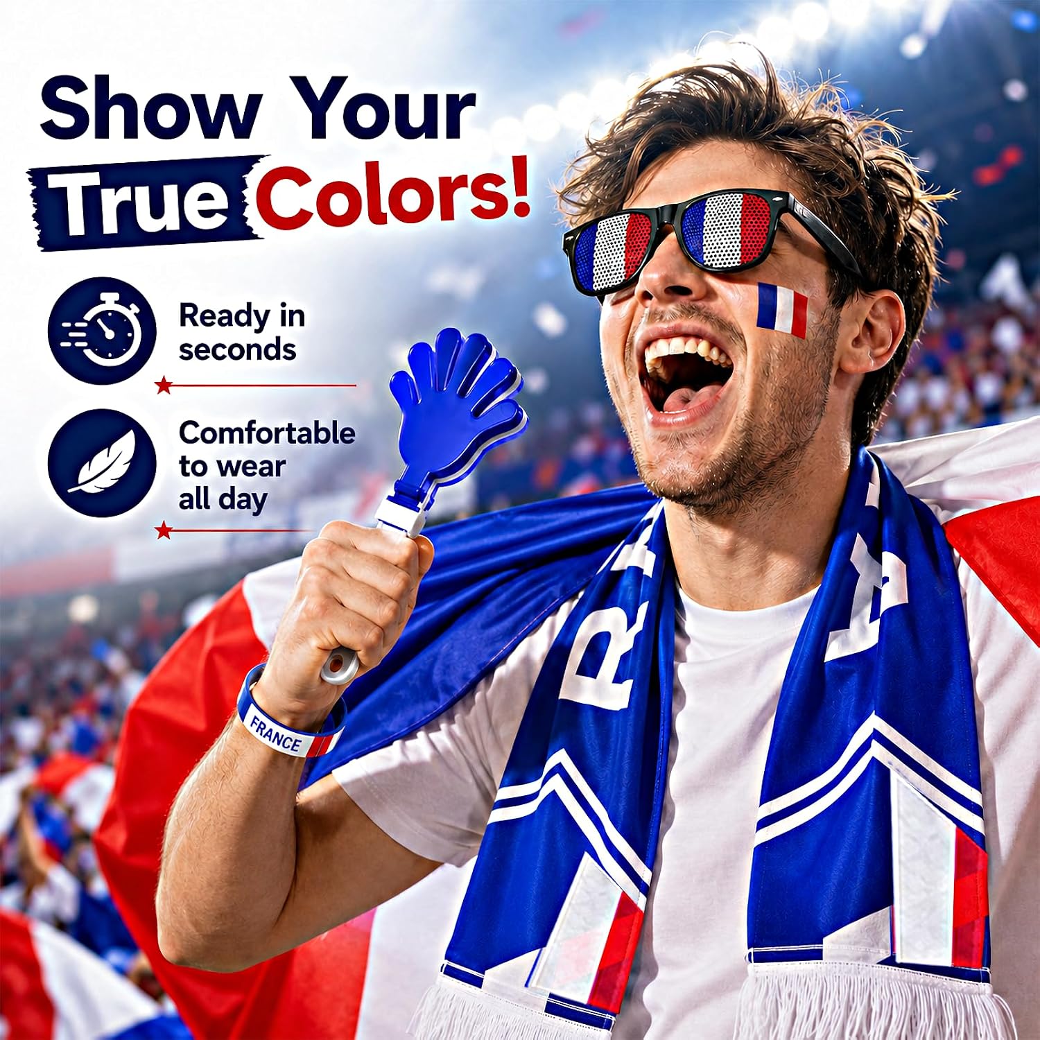France Tricolour Supporter Kit – Set of Accessories Blue White Red with Flag 90 x 150 cm, Scarf, Fun Glasses – Complete Set for Sports Parties, Matches and Football Events 2026