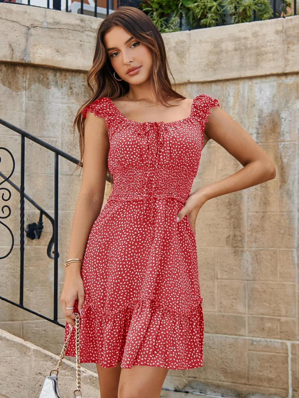 Imily Bela Women Summer Ruffle Dress Elegant A-line Beach Dress High Waist Mini Dress with Drawstring