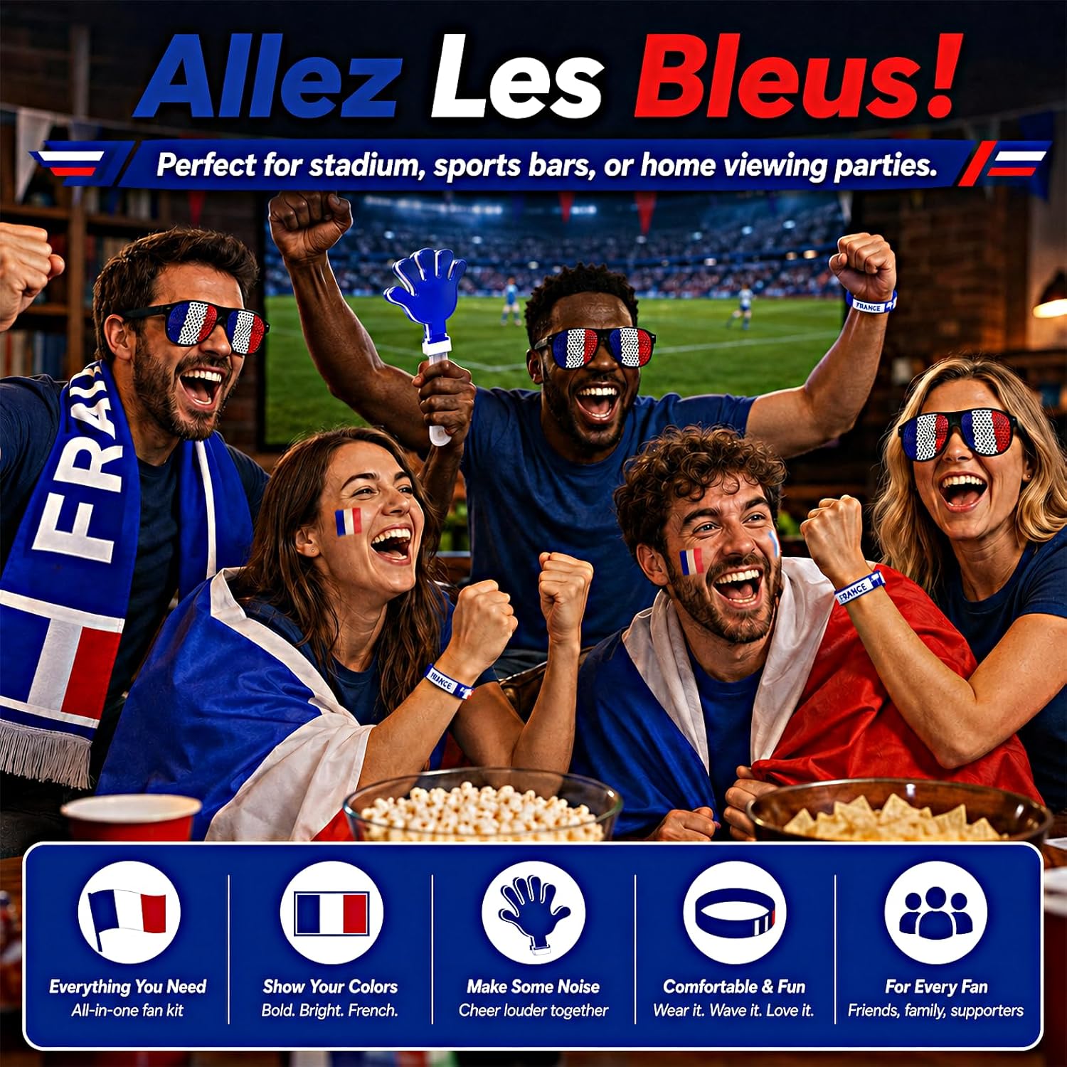 France Tricolour Supporter Kit – Set of Accessories Blue White Red with Flag 90 x 150 cm, Scarf, Fun Glasses – Complete Set for Sports Parties, Matches and Football Events 2026