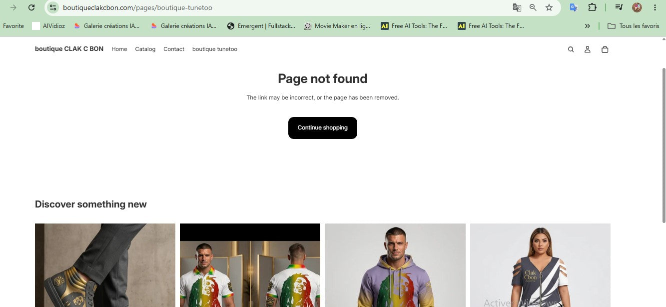 Capture d'écran d'une page web avec un message Page not found, un bouton Continue shopping, et des images de styles streetwear premium plus le Polo CLAK C BON Clak C Bon - Reggae Silhouette suggéré pour la navigation.