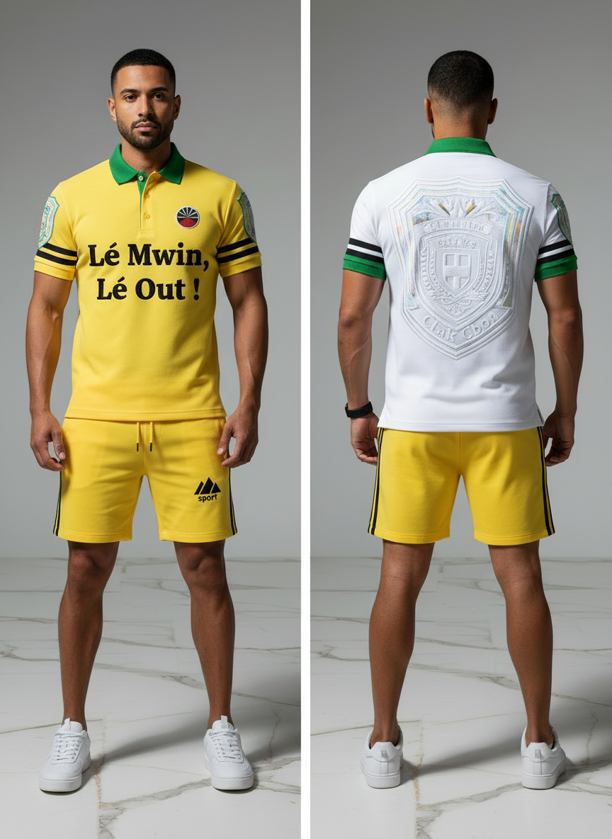 Un homme présente le Polo CLAK C BON Clak C Bon - Reggae Silhouette : un ensemble chemise et short sportif jaune et vert avec "Lé Mwin, Lé Out !" sur le devant, un écusson brodé sur le dos blanc, ainsi que des logos. Il l'associe à des baskets blanches.