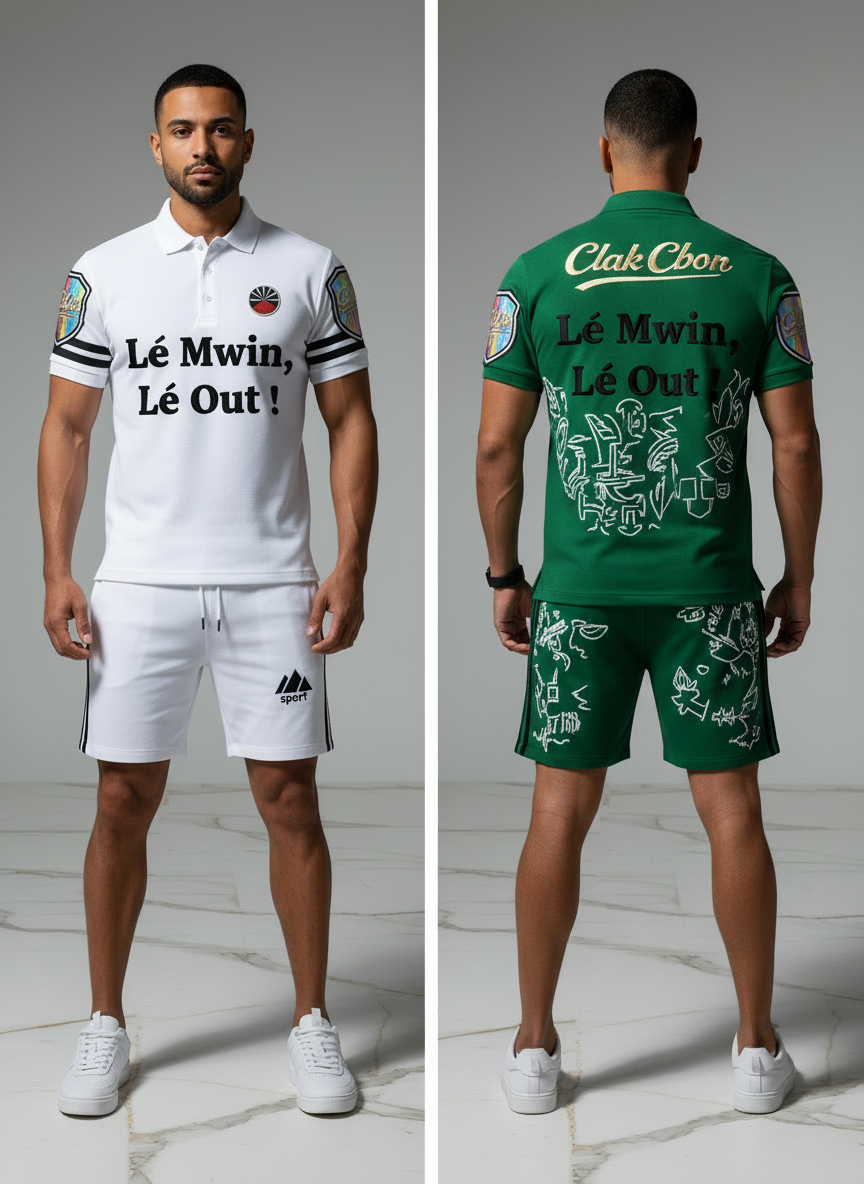 Un homme porte le Polo CLAK C BON Clak C Bon - Reggae Silhouette, présenté devant en blanc et derrière en vert, tous deux avec le texte "Lé Mwin, Lé Out !", des motifs inspirés du reggae et des patchs graphiques CLAK C BON distinctifs.