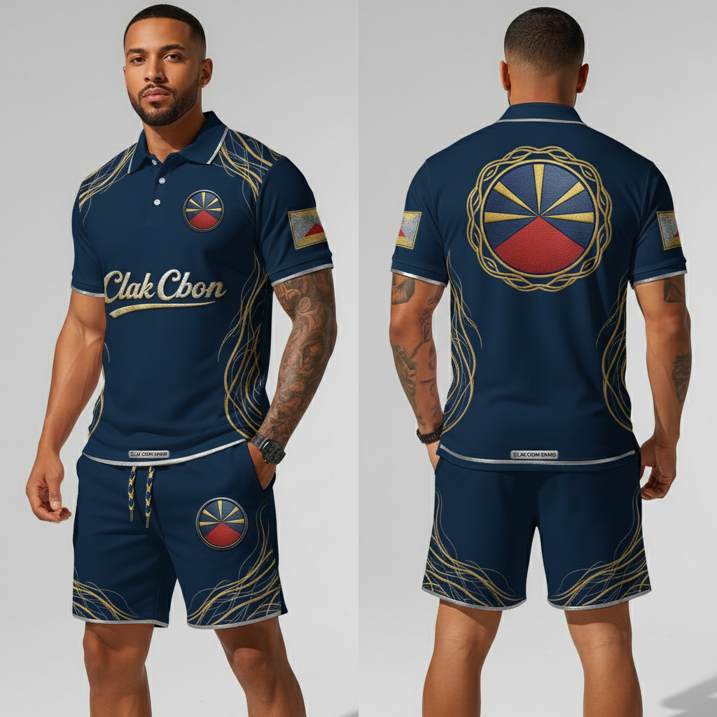 Un homme présente le Polo CLAK C BON Clak C Bon - Reggae Silhouette : un ensemble polo et short marine avec des lignes dorées, un emblème rond rouge/or/marine et le texte "CLAK C BON" devant et derrière pour un style streetwear haut de gamme.