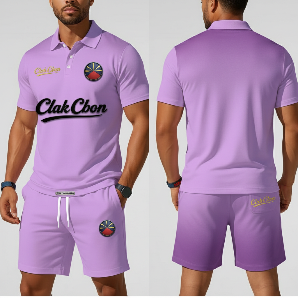 Un homme porte l'ensemble CLAK C BON Polo Clak C Bon - Reggae Silhouette en lavande, avec logo circulaire et texte à l'avant et à l'arrière pour un look streetwear haut de gamme avec de vraies vibrations de polo reggae.