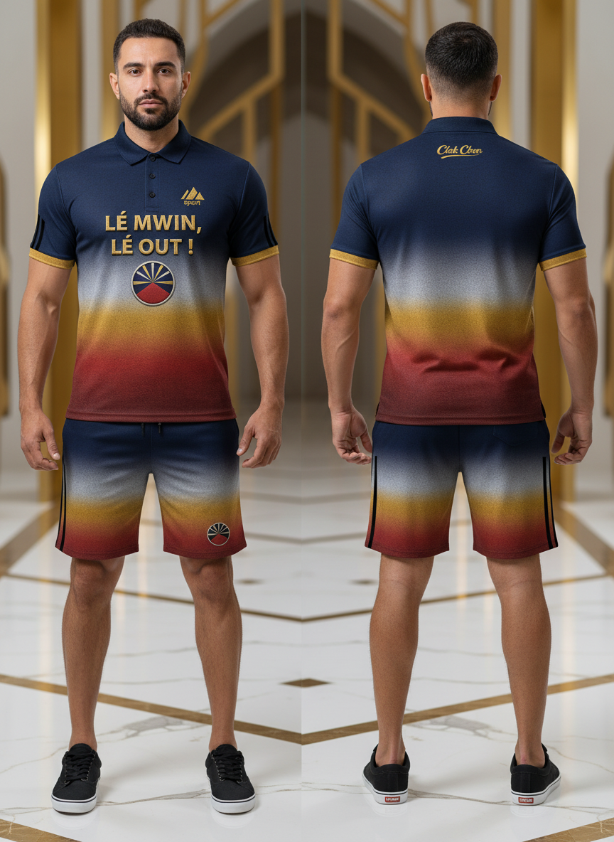 Un homme se tient debout dans une pièce lumineuse et porte le Polo CLAK C BON Clak C Bon - Reggae Silhouette, une chemise streetwear haut de gamme dégradée marine, or et bordeaux et un short assorti portant la mention "LÉ MWIN, LÉ OUT !" sur le devant et des graphiques Club Crew dans le dos.