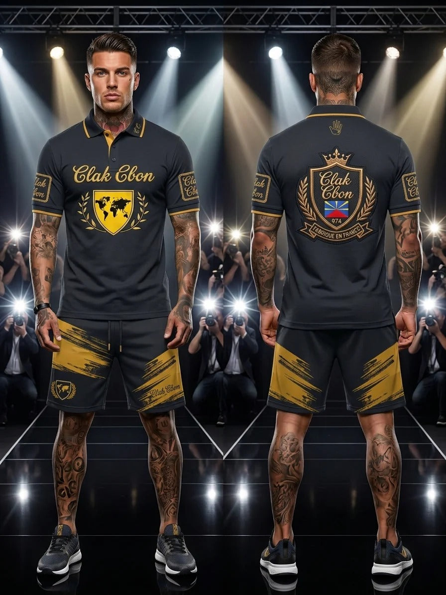 Un mannequin tatoué pose sur le podium dans le Polo Clak C Bon - Reggae Silhouette de CLAK C BON, un ensemble polo et short streetwear premium noir et or avec des logos en forme d'écusson, tandis que les photographes immortalisent la scène.