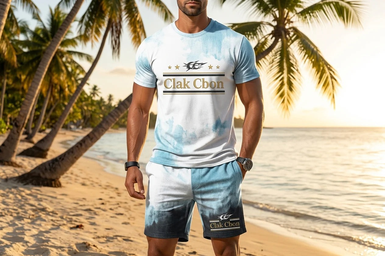 Un homme se tient sur une plage de sable au coucher du soleil avec des palmiers, portant l'ensemble streetwear CLAK C BON "Polo Clak C Bon - Reggae Silhouette", avec un marquage audacieux à la fois sur le T-shirt et le short.