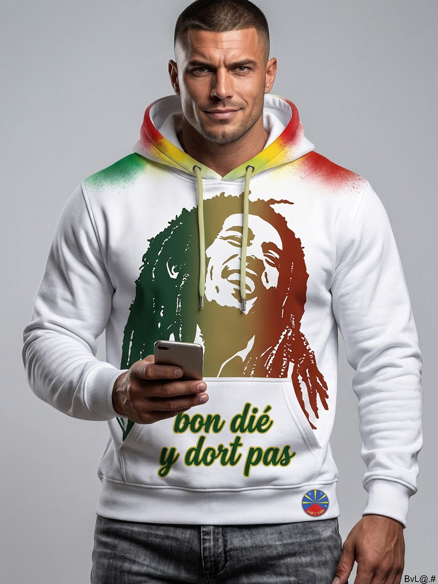 Un homme aux cheveux courts et à la barbe taillée porte le Polo CLAK C BON Clak C Bon - Reggae Silhouette, un sweat à capuche streetwear premium blanc avec un graphique coloré de Bob Marley et "bon dié y dort pas", tenant un smartphone sur un fond gris.